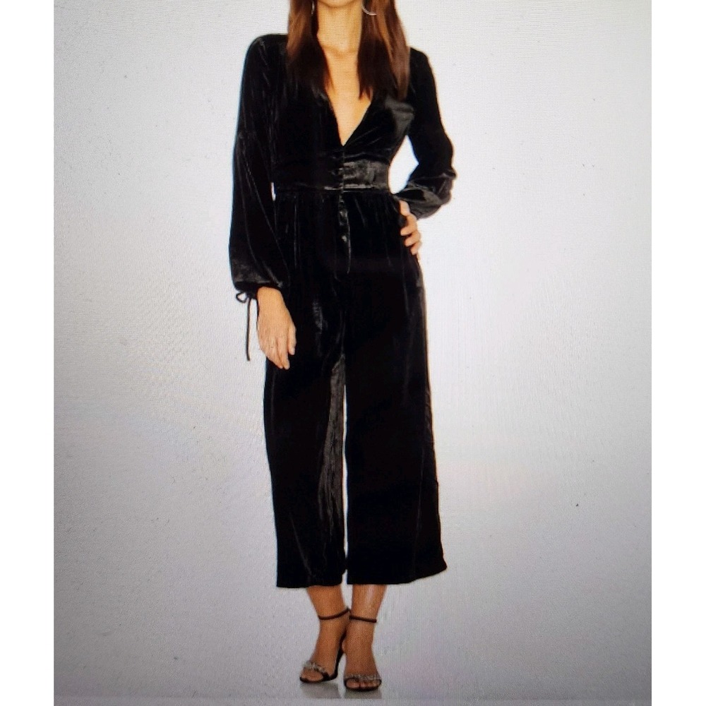 Free People True Lovin' Velvet Balloon Sleeve Jumpsuit Womens XS Black EUC